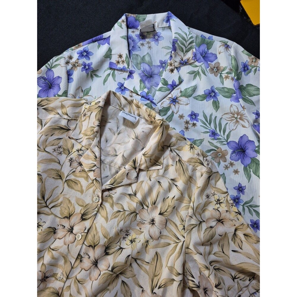 Lot Of 2 Ladies Floral Polyester Casual Short Sleeve Buttondown XL 18
